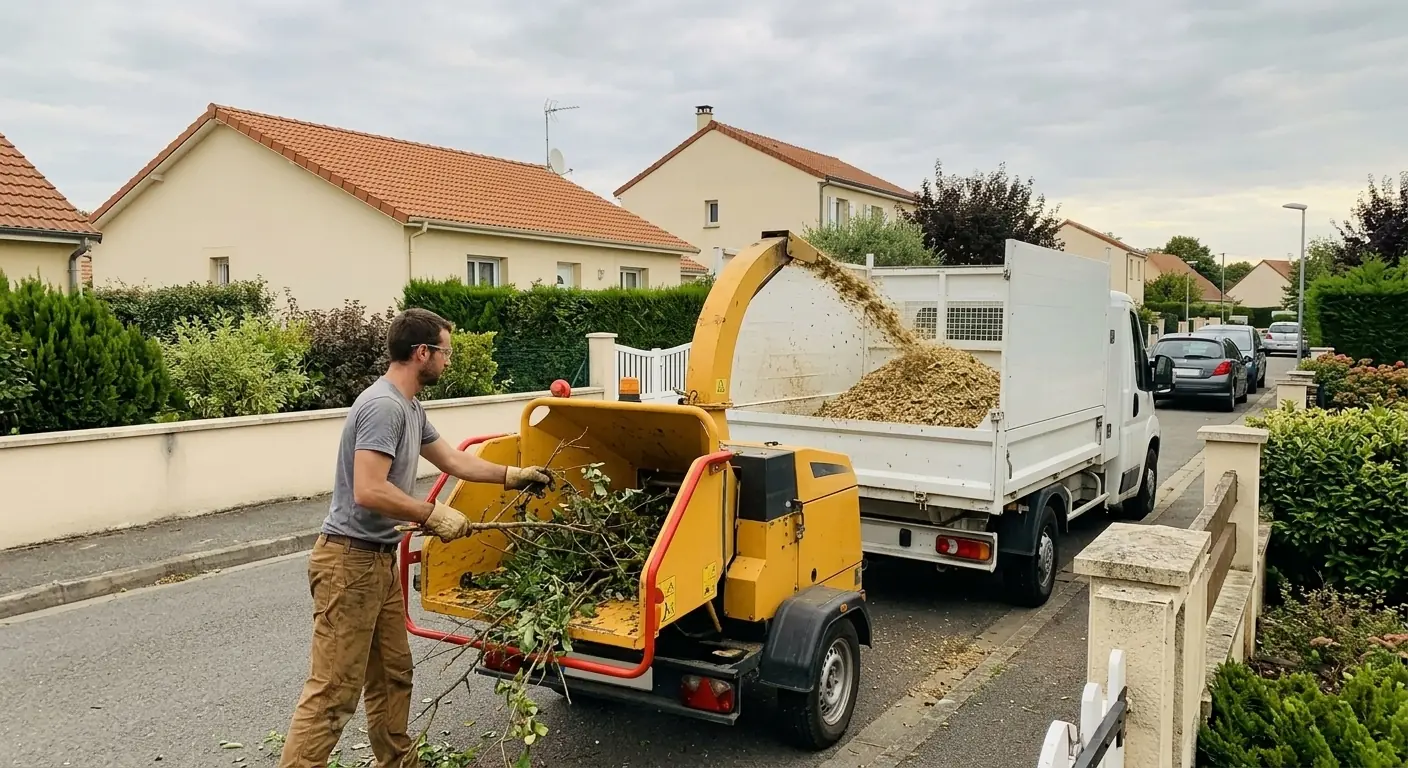 L'artisan passe les branches au broyeur, attelé au camion-benne