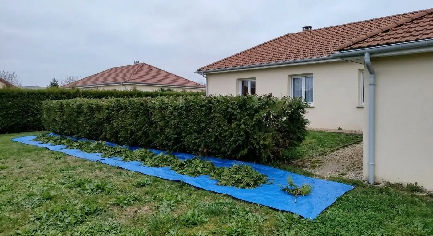 Haie taillée, déchets ramassés sur une bâche