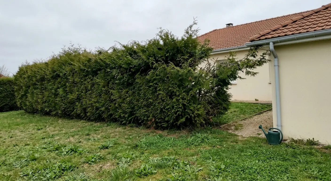 Haie de thuyas débordante et ébouriffée, avant taille